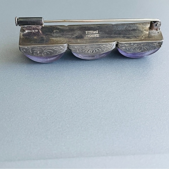 Antique Chinese Carved Amethyst Sterling Silver Ribbed Rectangle Pin Bro… - Picture 4 of 12